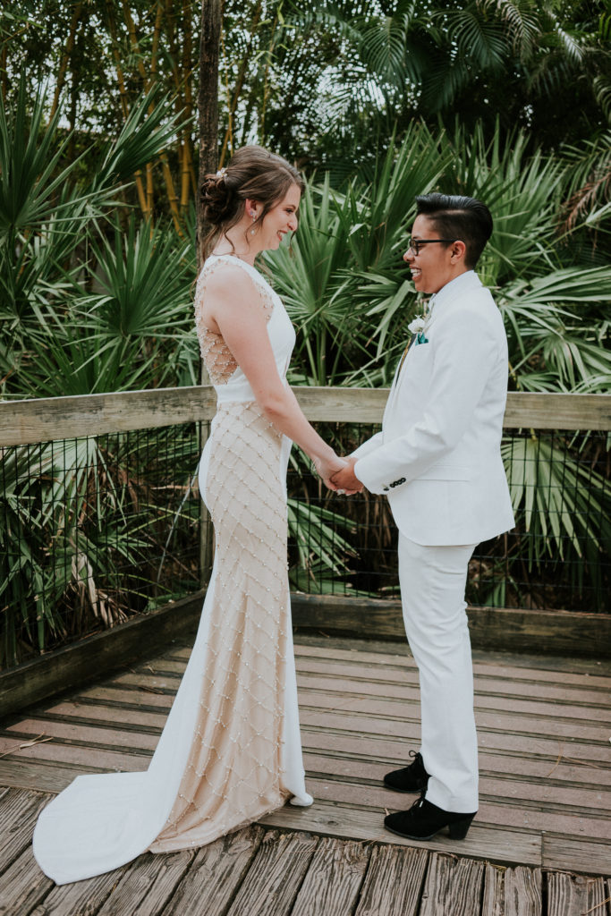 Elegant jeweled wedding dress for Florida bride court train Brevard Zoo First Look LGBT