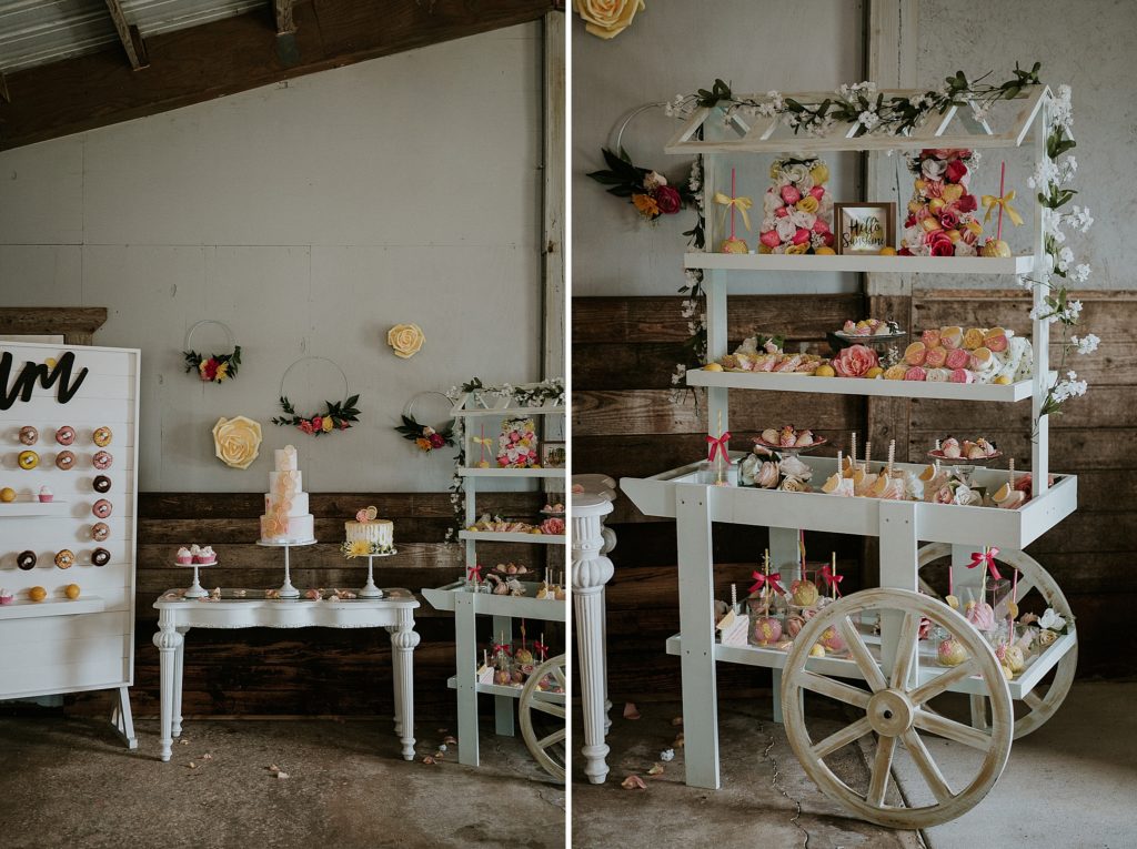 Pink Lemonade photoshoot dessert table, wedding cake, donut wall, dessert cart at Twisted Oak Farm Vero Beach FL barn wedding