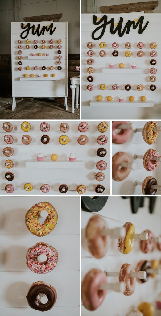 Pink Lemonade photoshoot donut wall at Twisted Oak Farm Vero Beach FL barn wedding