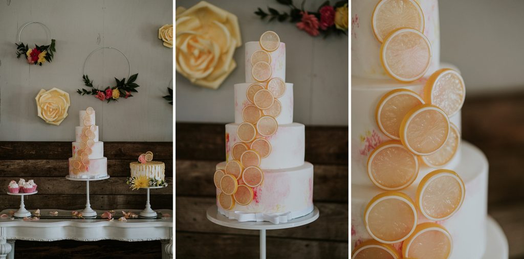 Collage of Pink Lemonade themed wedding cake with lemon slices at Twisted Oak Farm Vero Beach FL barn wedding