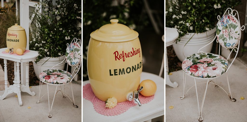 Yellow refreshing lemonade pitcher and floral patio chair wedding decor Twisted Oak Farm Vero Beach FL barn wedding