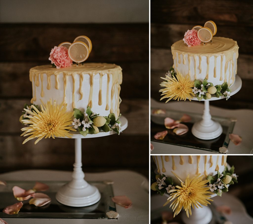 Collage of Pink Lemonade themed wedding cake with yellow icing and lemon slices at Twisted Oak Farm Vero Beach FL barn wedding