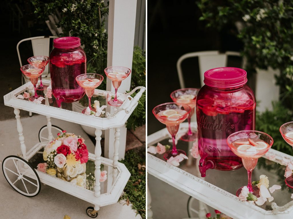 Drink cart for Pink Lemonade photoshoot at Twisted Oak Farm in Vero Beach FL barn wedding