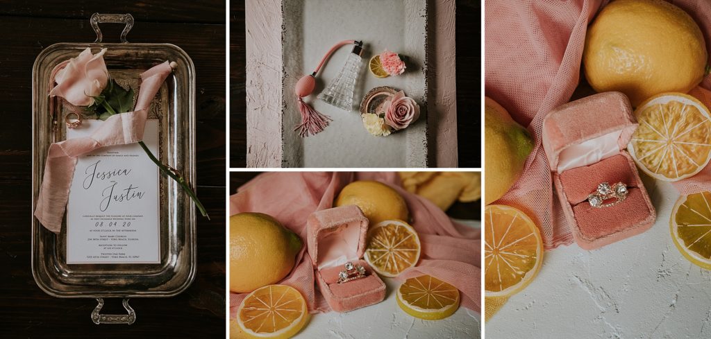 Collage of wedding details including engagement ring, perfume, invitation suite, and sliced lemons for Pink Lemonade photoshoot barn wedding at Twisted Oak Farm Vero Beach FL
