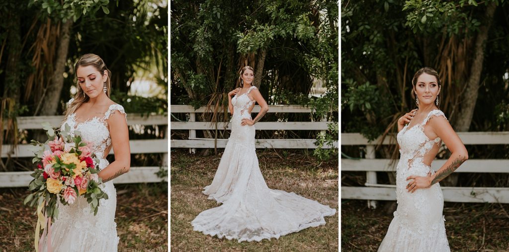 Bridal portraits in front of white fence for Pink Lemonade photoshoot barn wedding at Twisted Oak Farm in Vero Beach FL