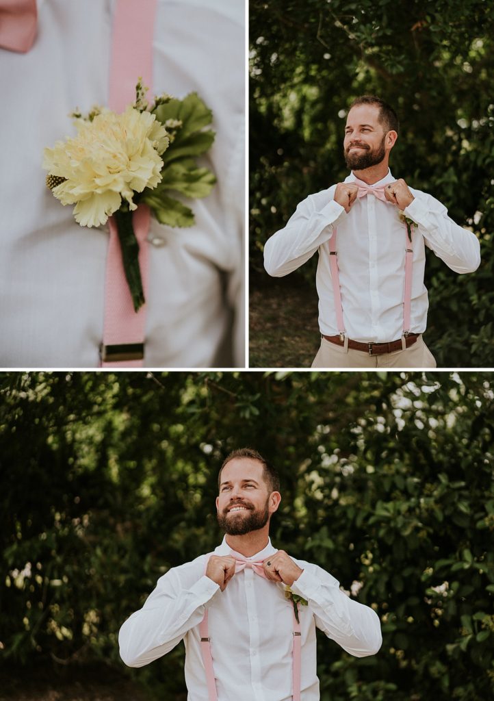 Groom adjusting bow tie and close-up of boutonnière for Pink Lemonade photoshoot barn wedding at Twisted Oak Farm in Vero Beach FL