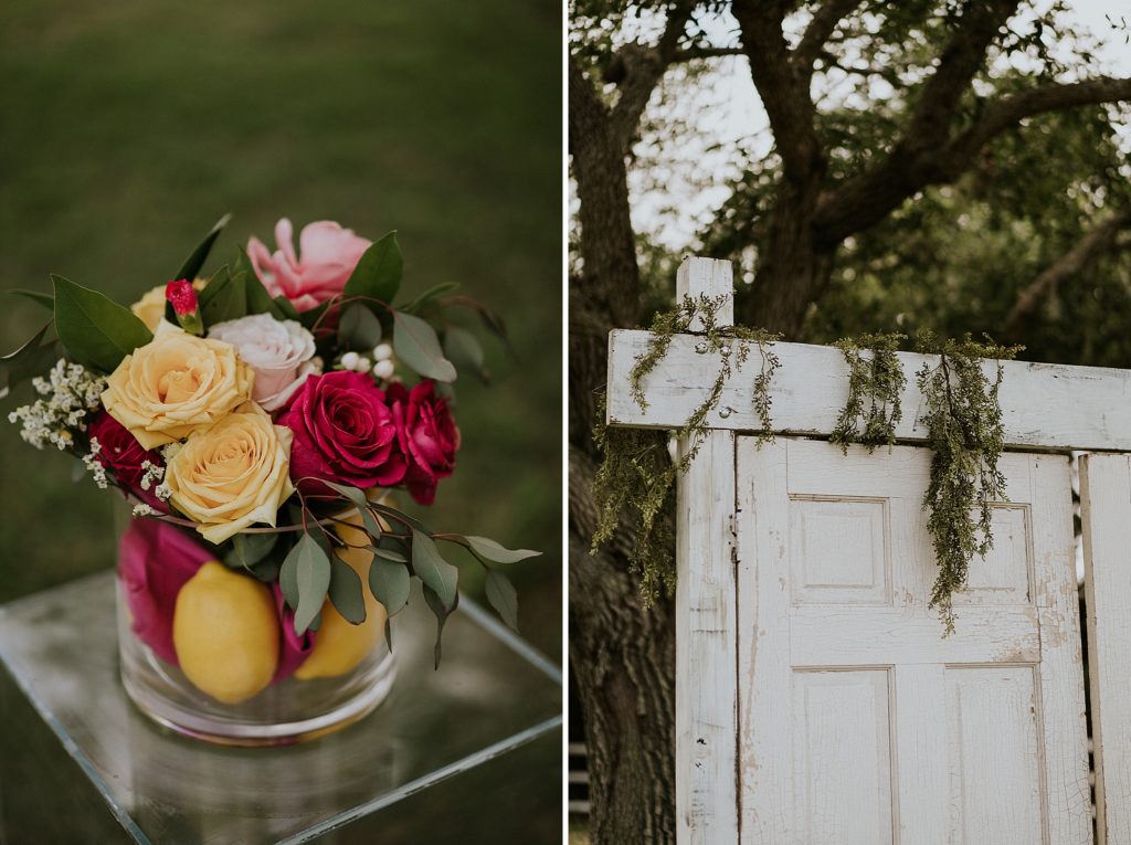 Collage of ceremony details at Pink Lemonade photoshoot Twisted Oak Farm Vero Beach FL barn wedding