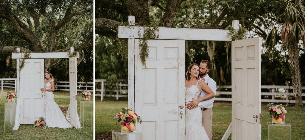 Collage of bride and groom posing in front of ceremony wedding door under oak tree at Pink Lemonade photoshoot Twisted Oak Farm Vero Beach FL barn wedding