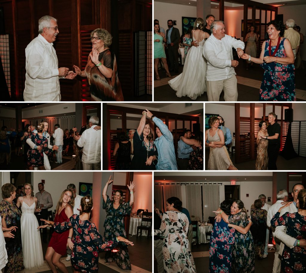 Family dancing during indoor reception for rainy wedding day at Club Med Sandpiper Bay