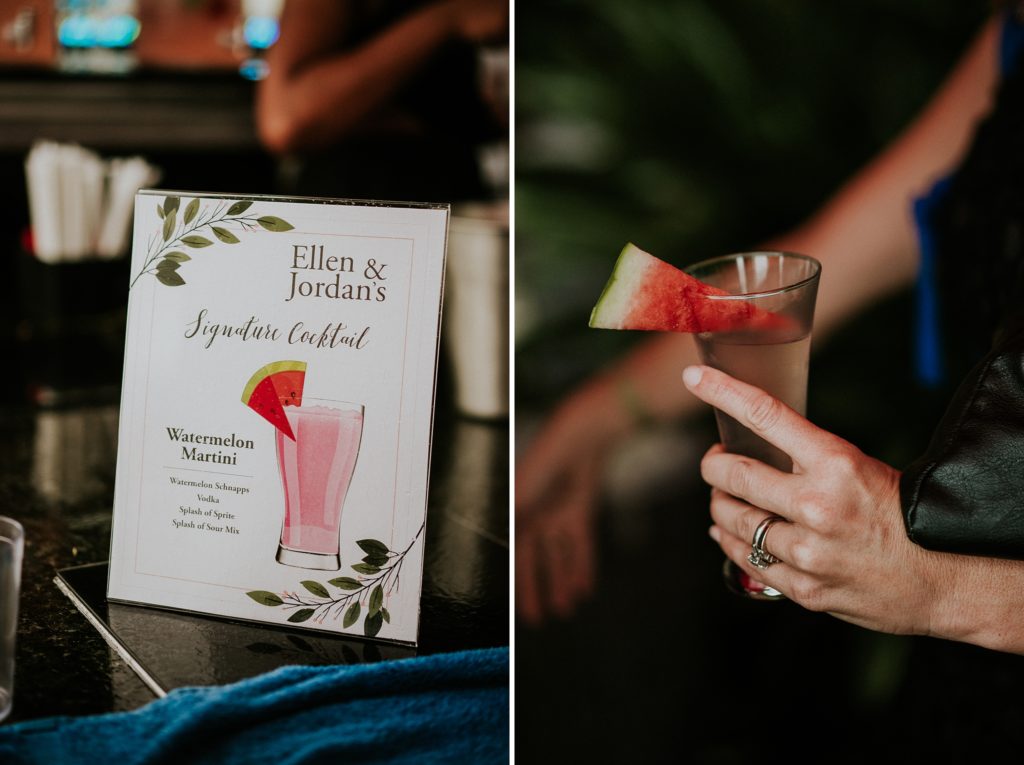 Signature cocktail sign with watermelon martini and wedding guest holding the drink