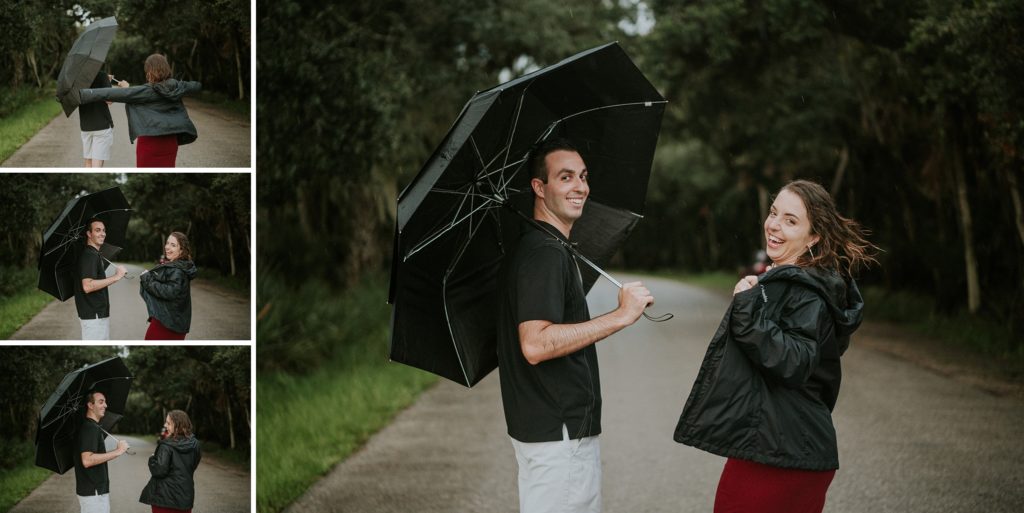 Time lapse of couple wearing rain jacket and umbrella for rainy engagement session at Myakka river state park