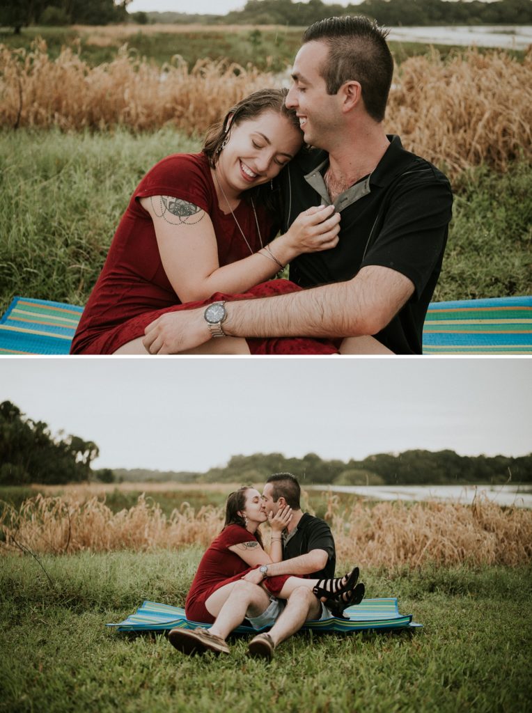 Collage of couple snuggling and kissing on picnic mat in the grass at Myakka river state park