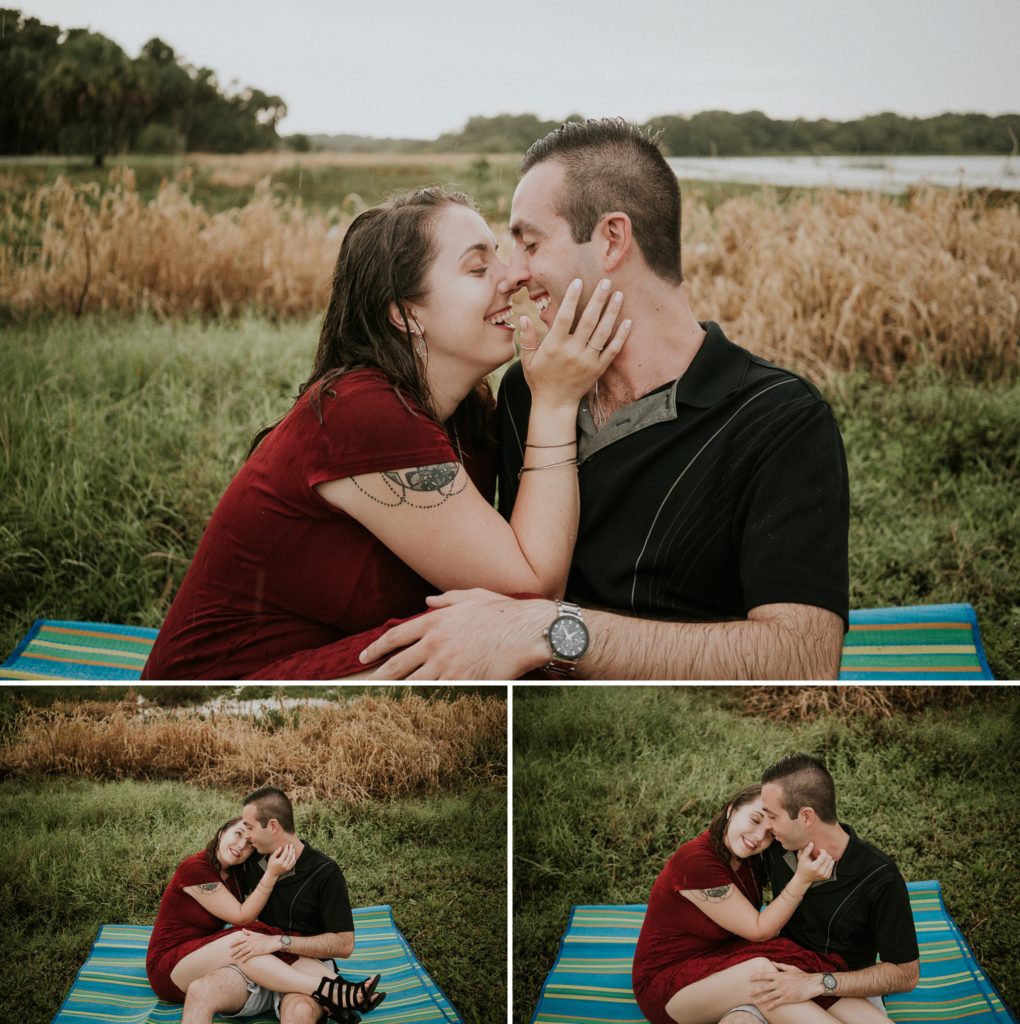 Collage of couple snuggled on picnic mat in the grass at Myakka river state park