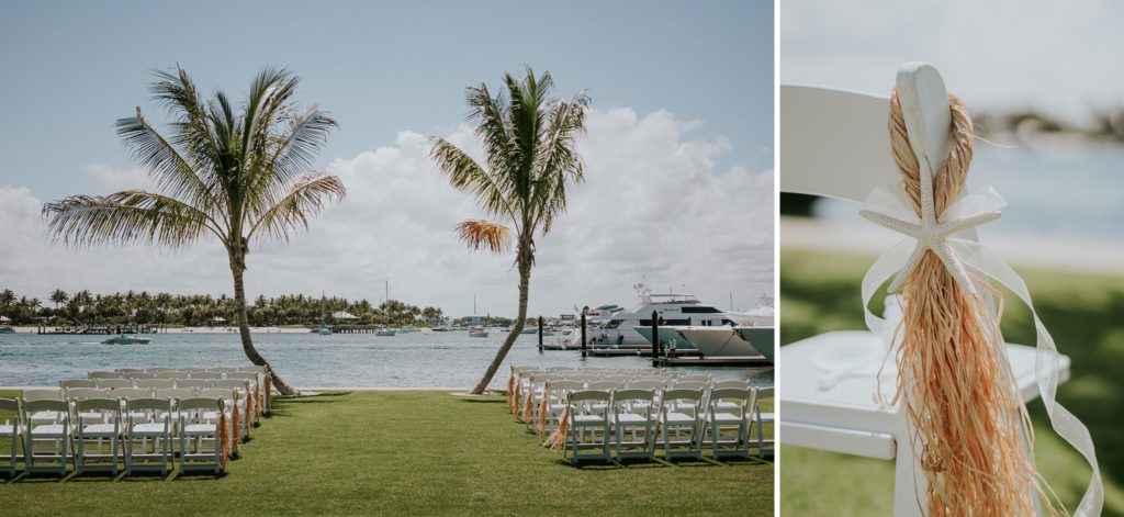 Sailfish Marina wedding lawn ceremony by the water framed by two palm trees. Rows of white chairs have straw and white starfish tied with white ribbon