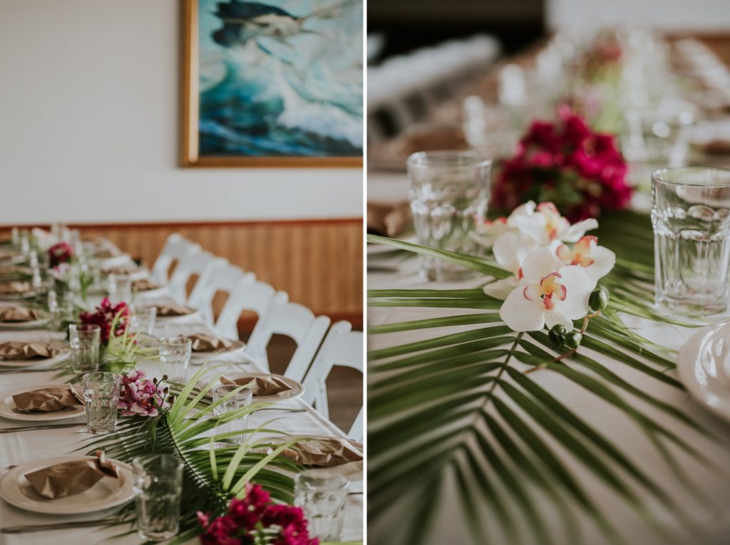 Sailfish Marina Resort wedding reception with close-up of palm fronds and flower centerpieces