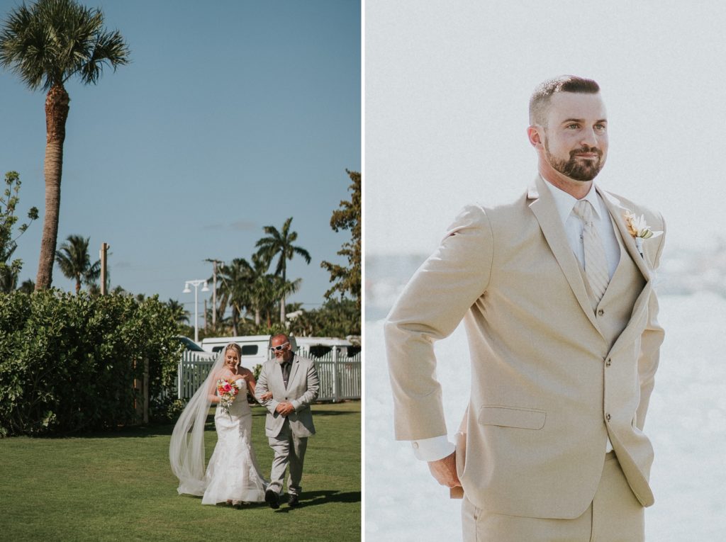 Groom in khaki suit cries as bride walks down aisle with dad