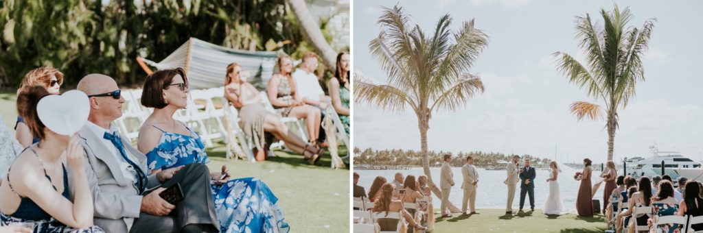Wedding guests watch Florida destination wedding ceremony on water with palm trees