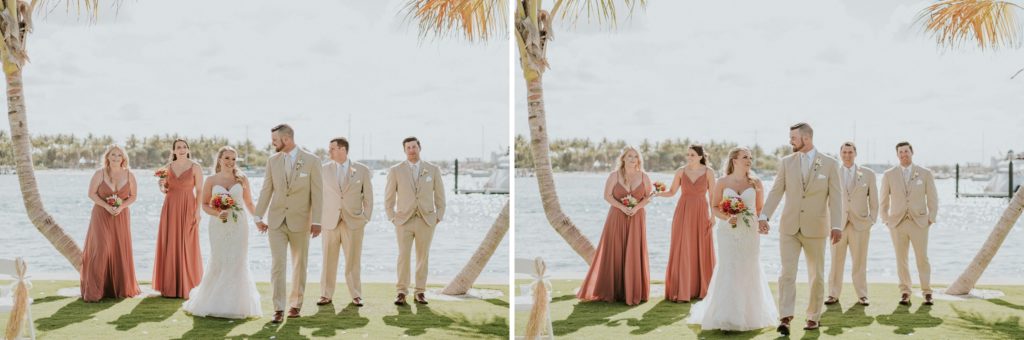 Wedding Party Florida summer wedding with rust bridesmaid dresses and khaki groom suits