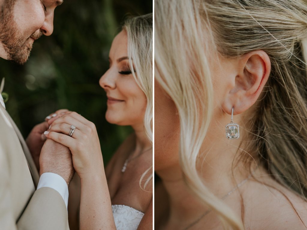 Close-up of bride and groom holding hands with engagement ring showing next to close-up photo of bride's square diamond dangle earring
