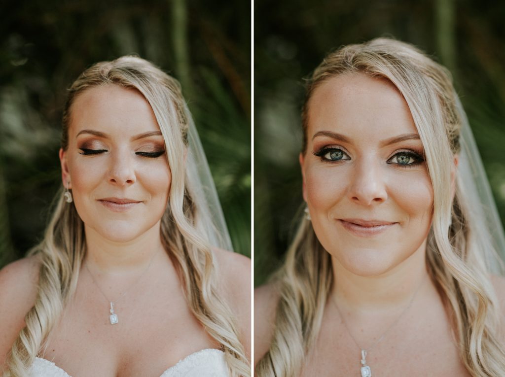 Bride closes and opens eyes showing her FL wedding makeup