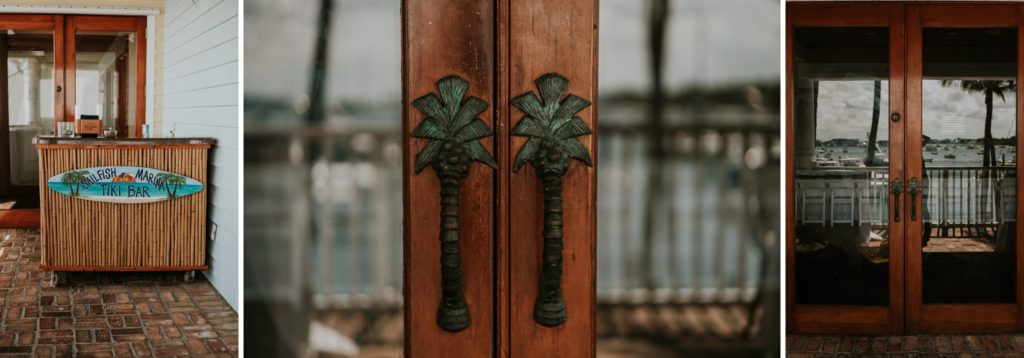 Sailfish Marina Resort wedding venue mini tiki bar and wood doors with palm tree door handles