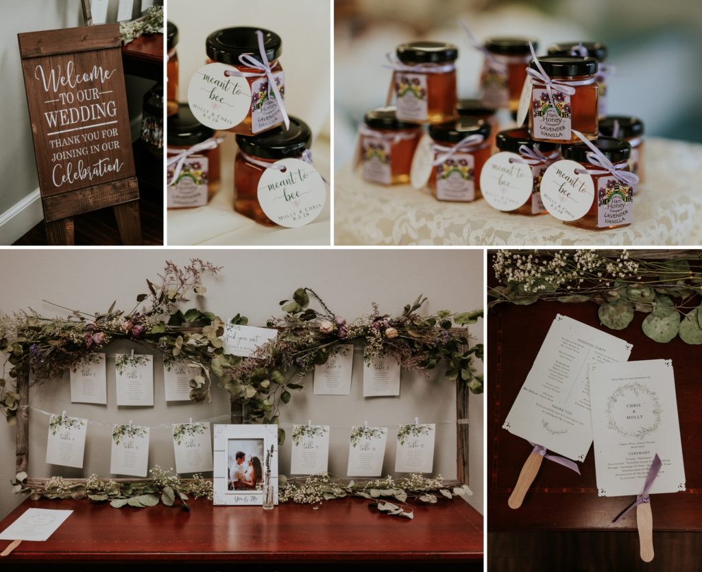 Wedding ceremony and reception details with honey wedding favors