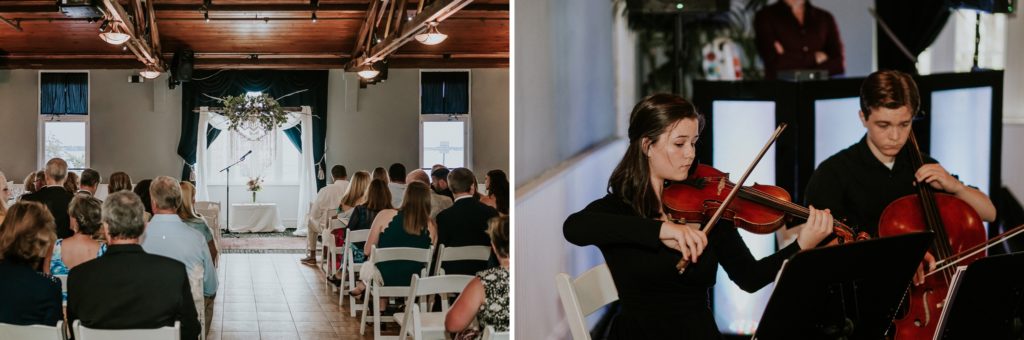 Violinists play at Flagler Place indoor wedding ceremony