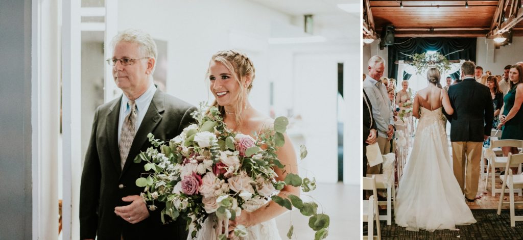 Father of the bride walks bride down the aisle at indoor ceremony