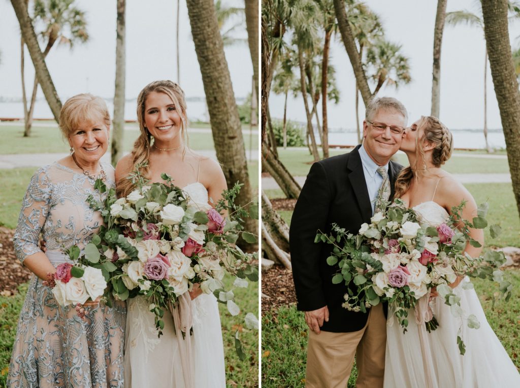 Bride poses for family photos with mom and dad at Flagler Park for Flagler Place wedding