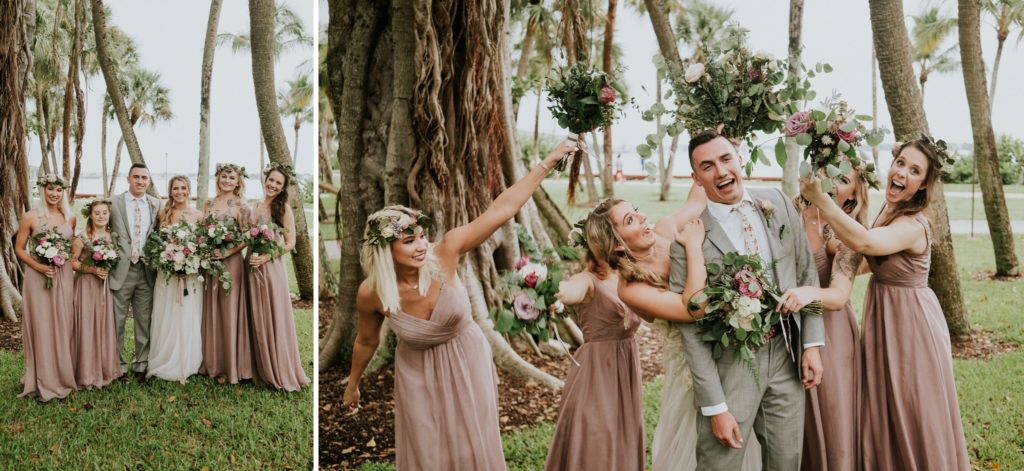 Bridesmaids attack groom with bouquets at Flagler Place wedding in Downtown Stuart FL