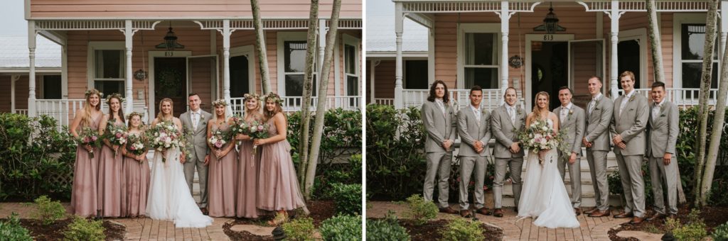 The bride with her bridesmaids and the groomsmen in front of historic pink house in Downtown Stuart FL