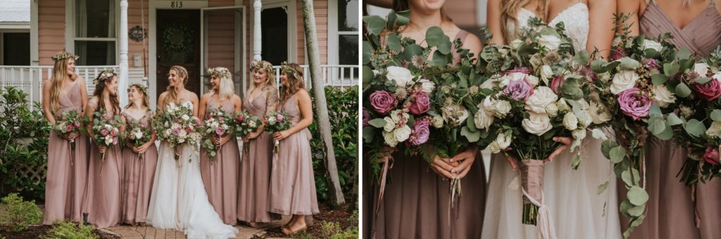 Close up of bridal bouquets held by bride and her bridesmaids in historic Downtown Stuart wedding