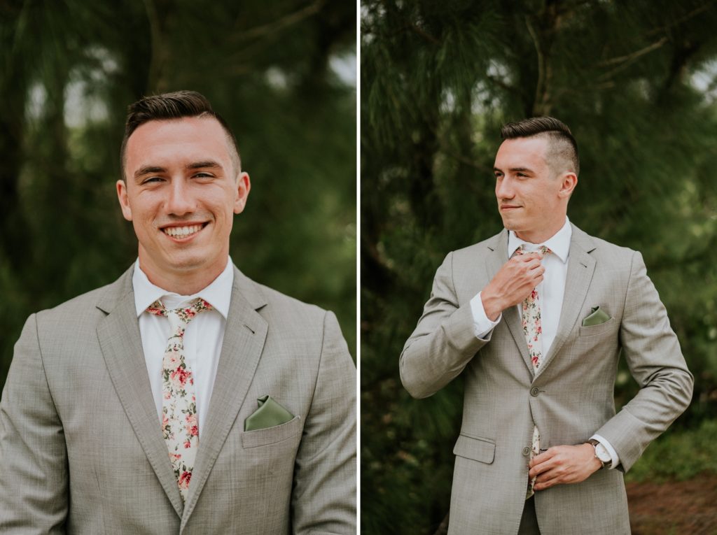 Groom smiles and adjusts floral tie before first look at House of Refuge elopement