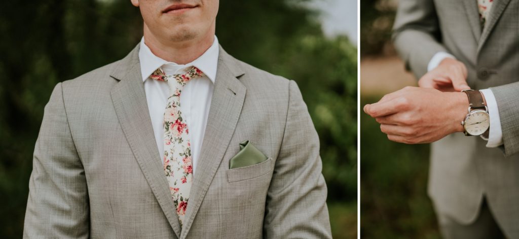 Close up of groom's floral tie and watch at Hutchinson Island wedding