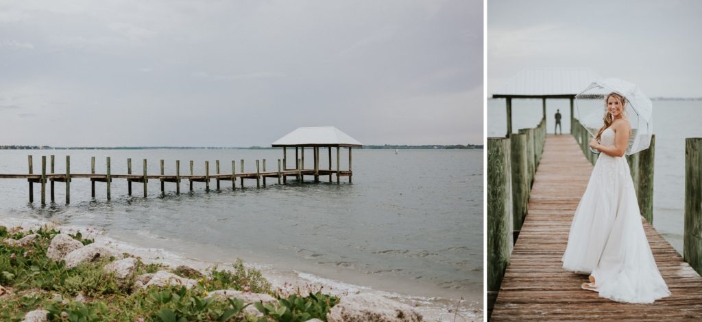 Wide angle view of covered dock at House of Refuge and bride holding umbrella with groom far in the background