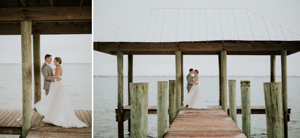 Bride and groom embrace and kiss on the dock for House of Refuge elopement