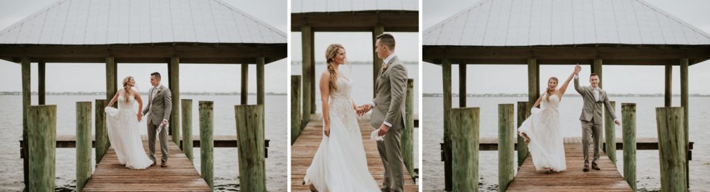 Florida elopement couple hold hands to walk down boardwalk at Hutchinson Island