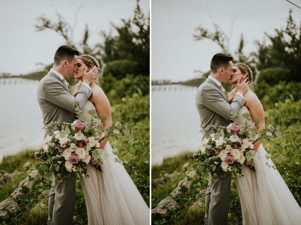 Bride and groom moody kiss by the inlet at Hutchinson Island for House of Refuge elopement