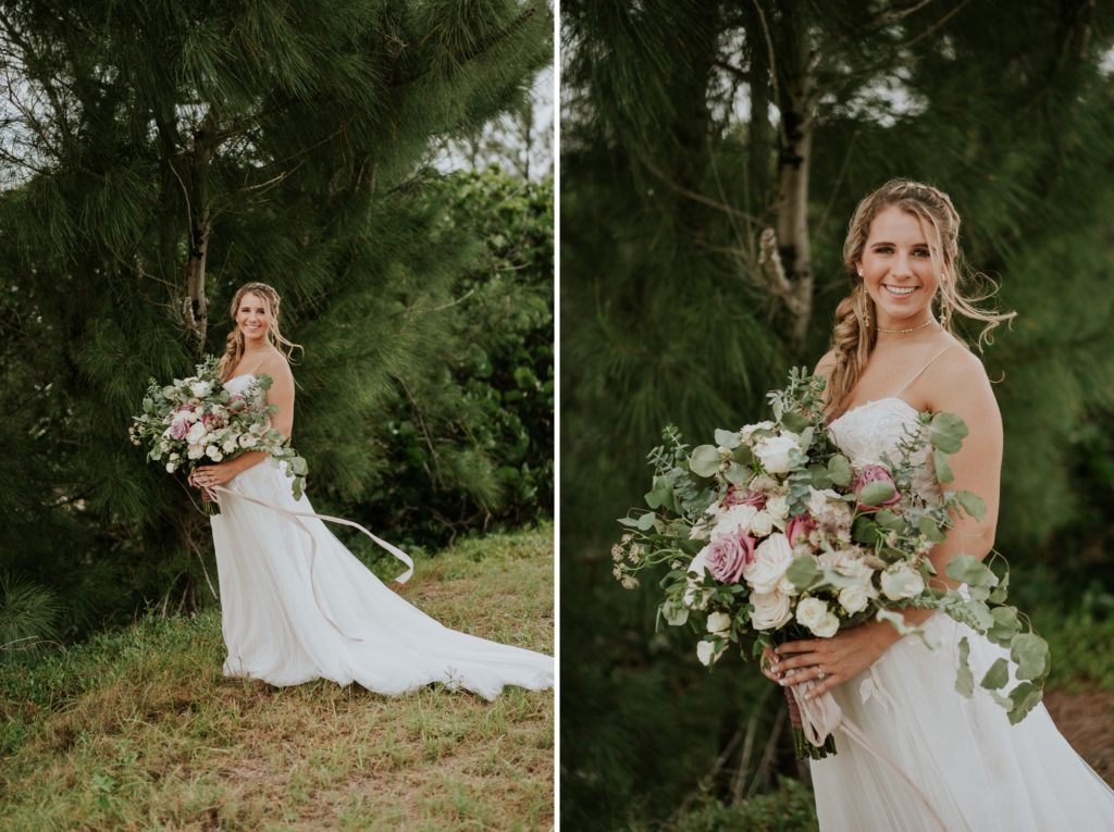 Bridal portraits of bride eloping in Florida at House of Refuge with large purple and white wedding bouquet