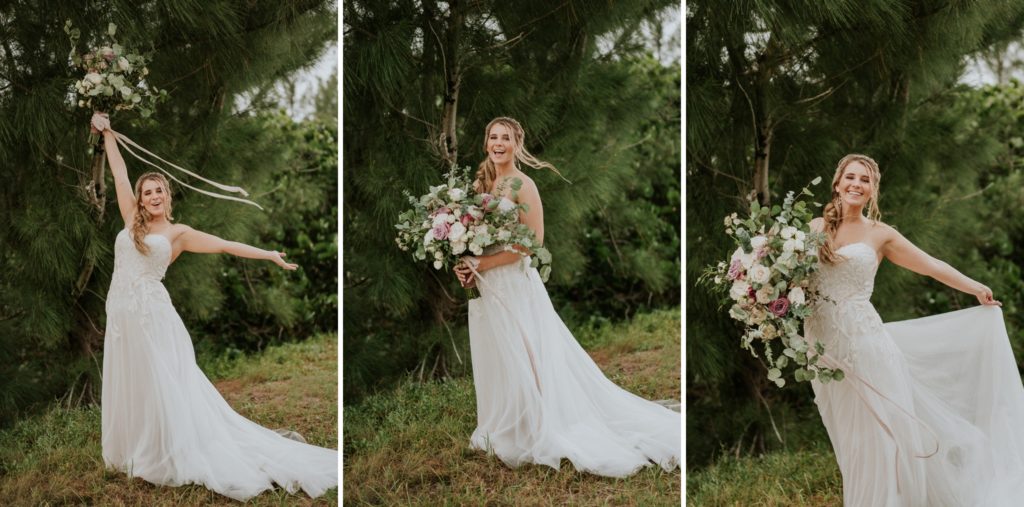 Happy b throws bouquet in air for House of Refuge elopement
