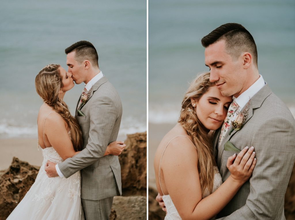 Wedding couple kiss during Florida elopement at House of Refuge on Hutchinson Island