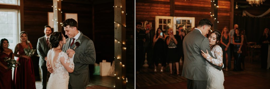 Bride and groom have first dance in rustic florida barn venue