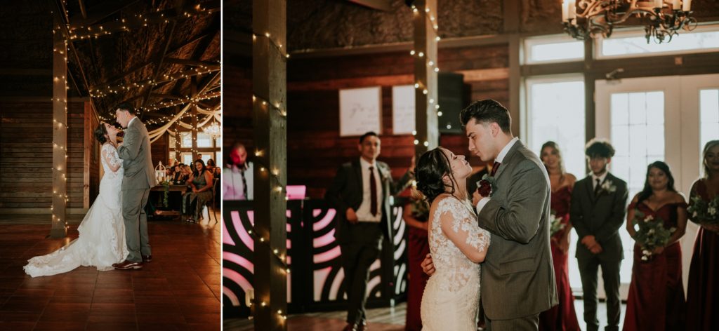 Bride and groom have first dance as guests watch them in rustic FL barn venue
