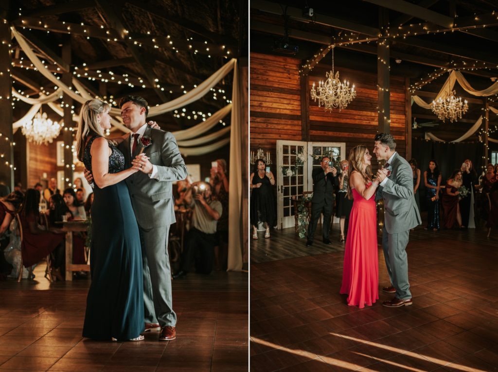 Groom dances with mom and step-mom at rustic Florida barn wedding venue