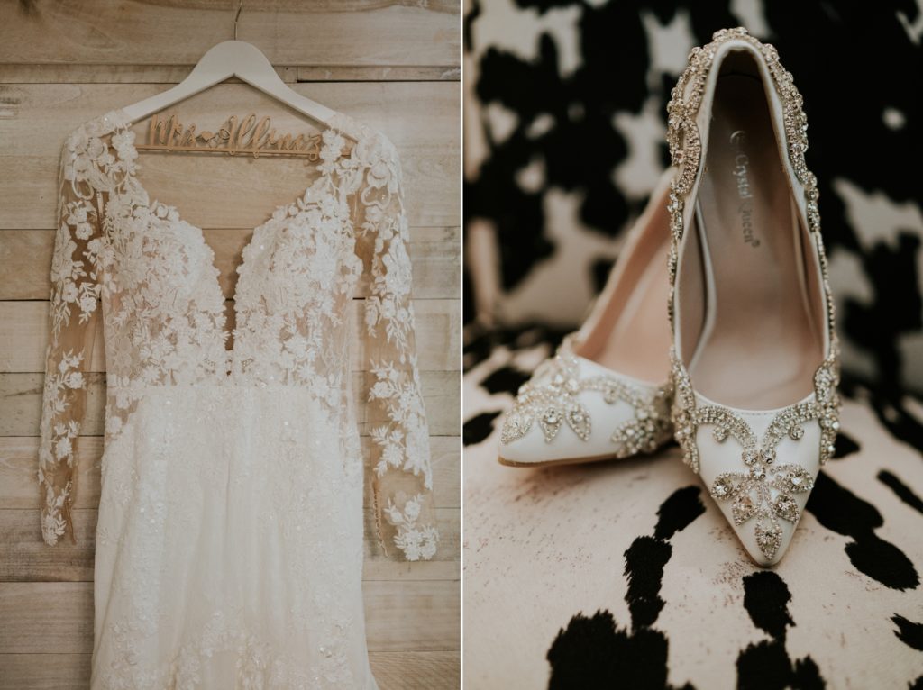 Martina Liana wedding gown from Boca Raton Bridal and white heels covered with rhinestone crystals