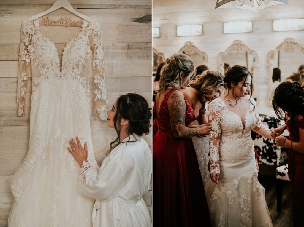 Bridesmaids in red dresses help bride put on her white lace wedding dress by designer Martina Liana