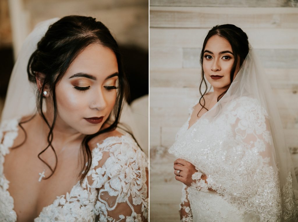 Bridal makeup with gold eyeshadow and dark red lipstick