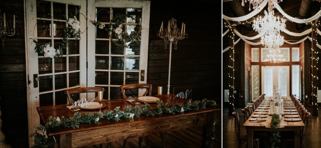 Sweetheart table and reception at rustic Florida wedding barn