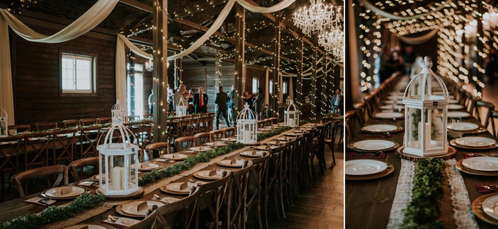 Details of white lanterns and long wood tables at Ever After Farms Ranch Wedding Barn reception with fairy lights on ceiling