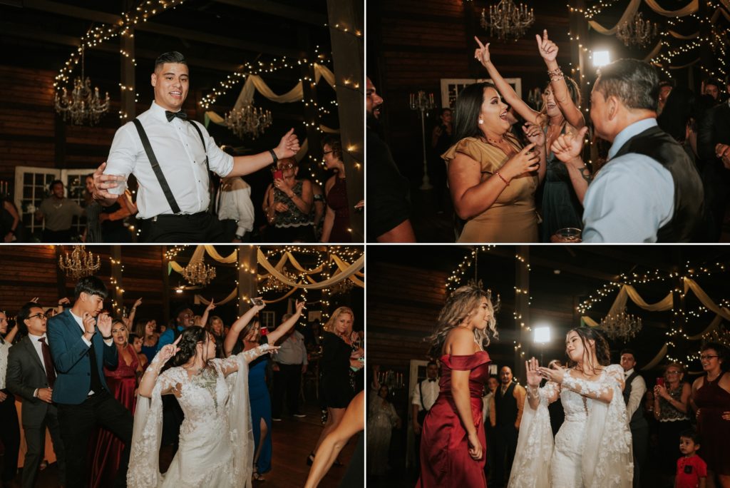 Bride dances with guests at Ever After Farms Ranch Wedding Barn venue